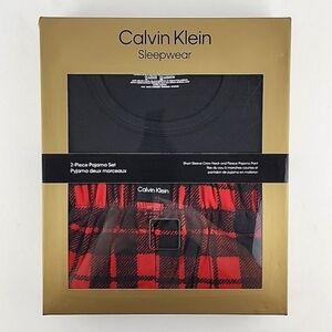 Calvin Klein Men's 2-Piece PJ Set T-Shirt Fleece Pant Red Black Plaid Size Small